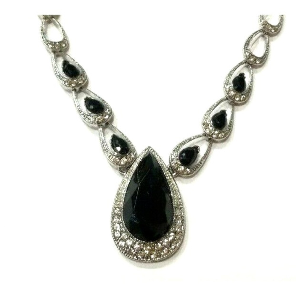 Necklace Monet Silver Tone-Teardrop Links-Rhinestones-Black Teardrop Center Drop